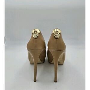 Michael Kors Hamilton Platform Leather Pumps Heels Beige Nude Gold Lock Sz 10